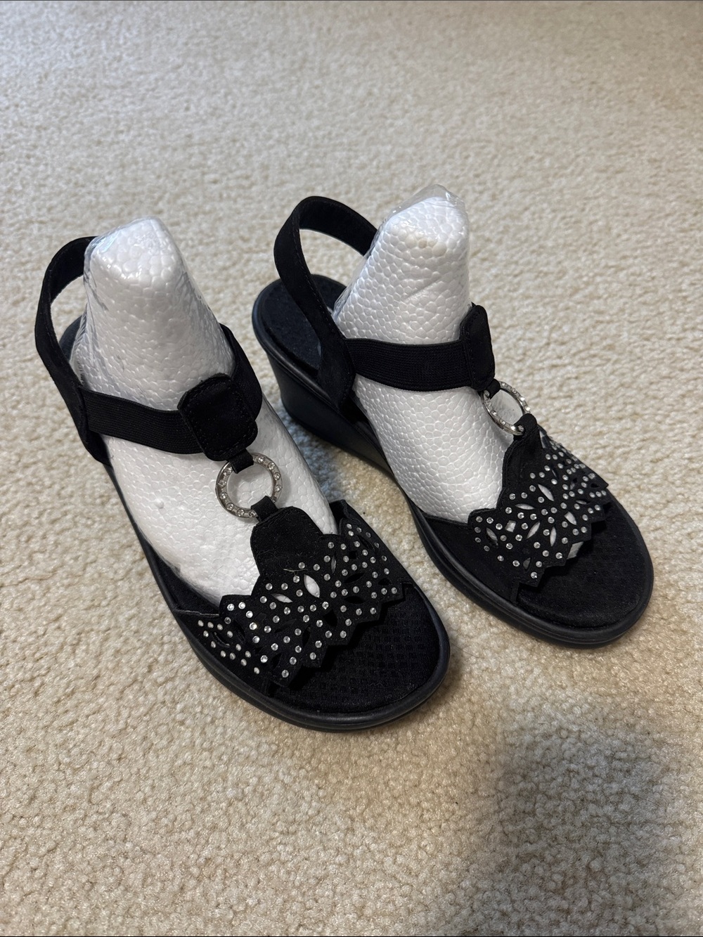 Skechers Black Studded Slingback Wedge Sandals with Ring Accent